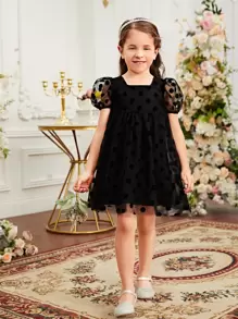 小女童1入組波點網紗覆蓋泡泡袖洋裝 - 黑色 - 查看 1