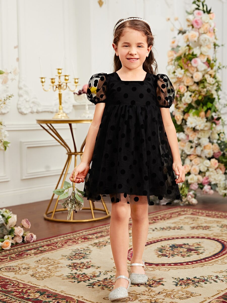 小女童1入組波點網紗覆蓋泡泡袖洋裝 - 黑色 - 查看 1
