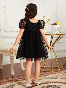 小女童1入組波點網紗覆蓋泡泡袖洋裝 - 黑色 - 查看 2