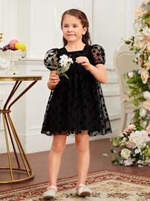 小女童1入組波點網紗覆蓋泡泡袖洋裝 - 黑色 - 查看 3