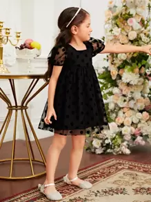 小女童1入組波點網紗覆蓋泡泡袖洋裝 - 黑色 - 查看 5