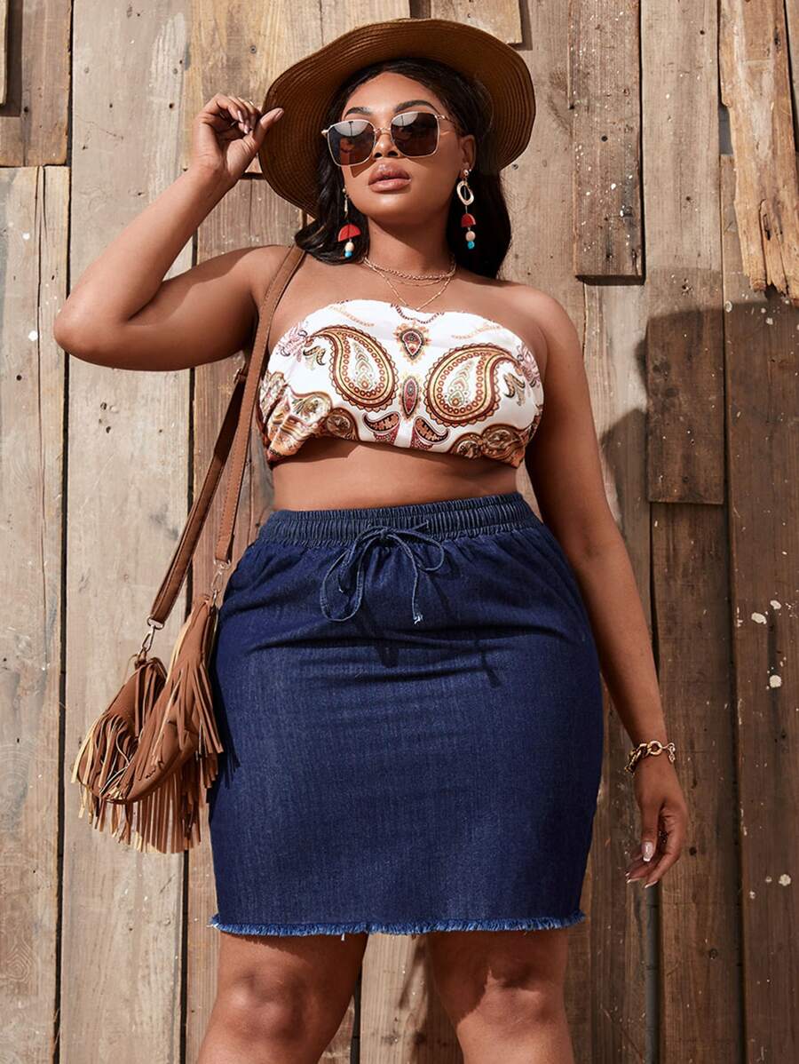 SHEIN SXY Plus Drawstring Waist Raw Hem Denim Skirt - Dark Wash - View 1