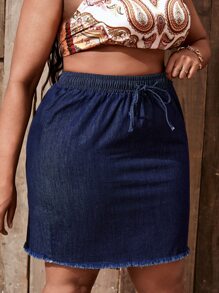 SHEIN SXY Plus Drawstring Waist Raw Hem Denim Skirt - Dark Wash - View 6