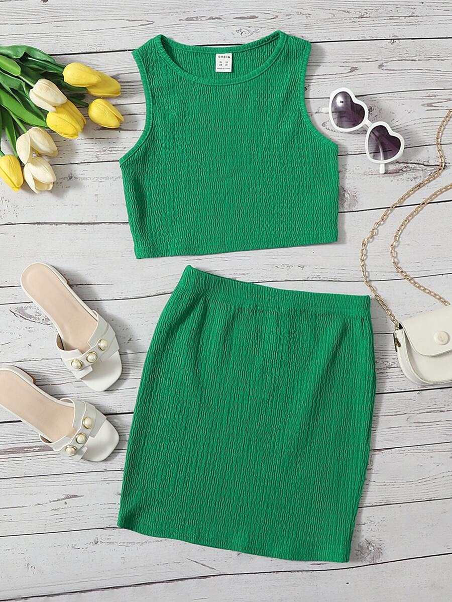 SHEIN 少女 2入組 休閒針織背心上衣與裙子，純色