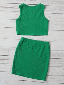 SHEIN 少女 2入組 休閒針織背心上衣與裙子，純色