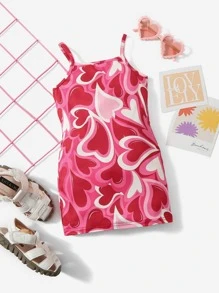 SHEIN Baby Girl Heart Print Cami Dress - Red - View 1