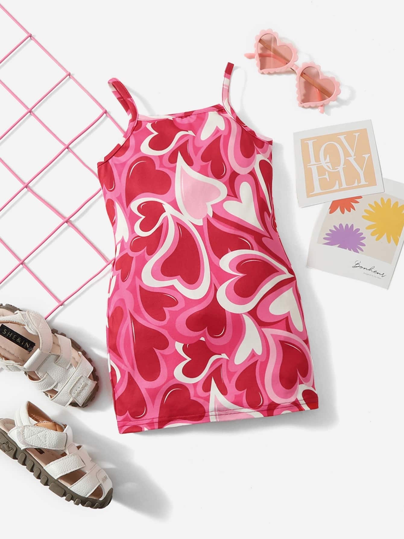 SHEIN Baby Girl Heart Print Cami Dress - Red - View 1