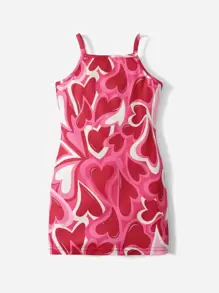 SHEIN Baby Girl Heart Print Cami Dress - Red - View 2