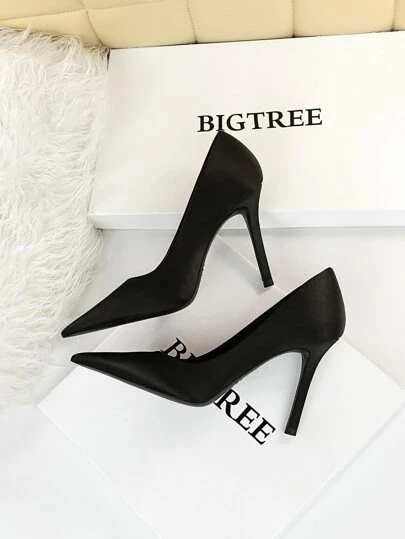 2025秋冬季缎面尖头细高跟浅口鞋，黑色优雅纯色高跟鞋，女士优雅尖头鞋