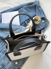 CONTAINEVERY 輕便商務休閒兩色方形包適合青少年女孩女大學生、菜鳥和白領完美適合辦公室、大學、工作、商務、通勤、戶外、旅行、郊遊 - 黑與白 - 查看 6