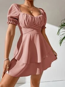 SHEIN PETITE Puff Sleeve Sweetheart Neck Ruched Bust Tie Back Layered Hem Milkmaid Dress - Pink - View 4