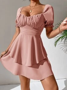 SHEIN PETITE Puff Sleeve Sweetheart Neck Ruched Bust Tie Back Layered Hem Milkmaid Dress - Pink - View 5