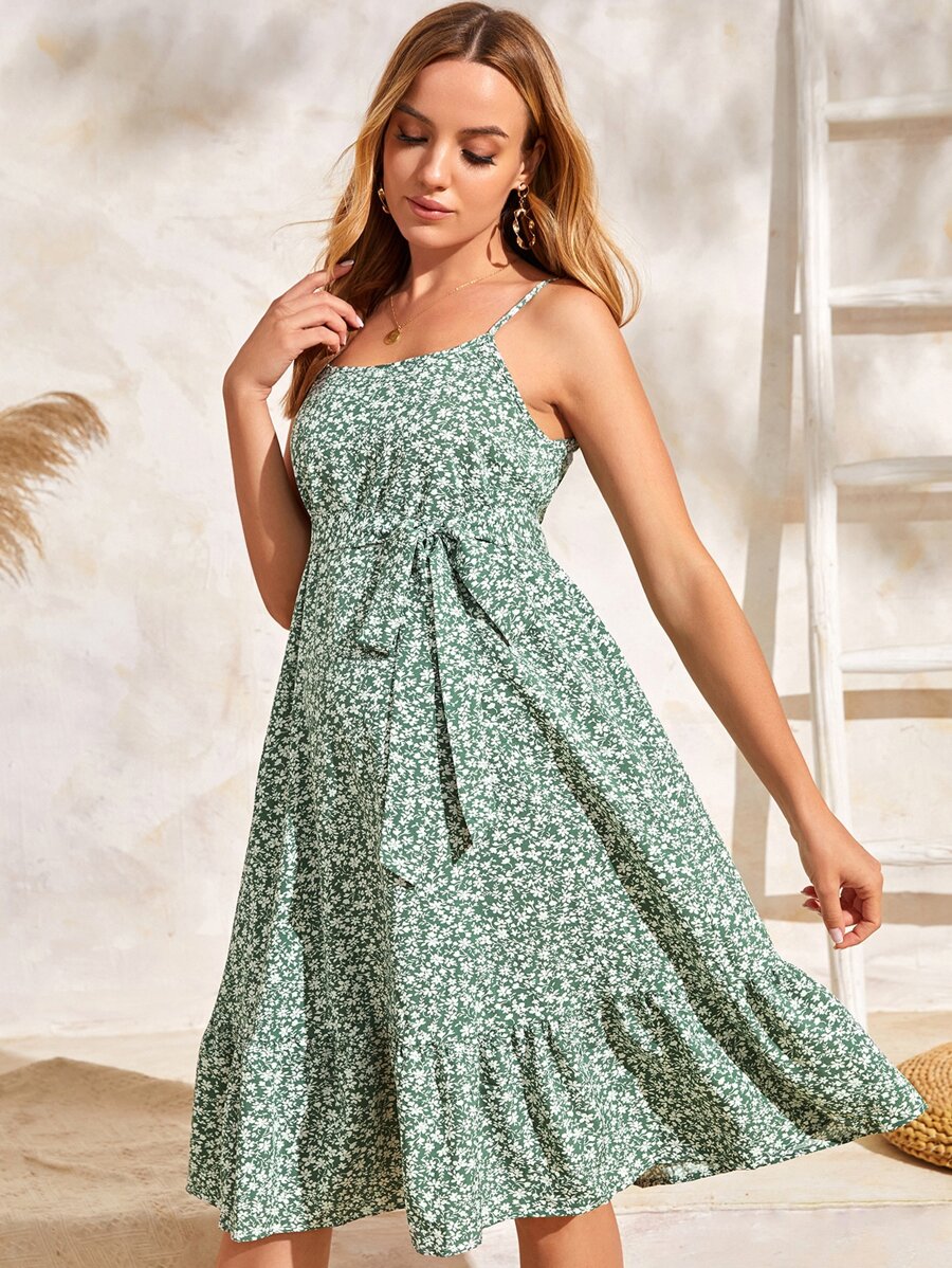 SHEIN 孕婦碎花荷葉邊腰帶吊帶洋裝