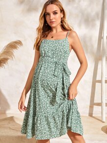 SHEIN 孕婦碎花荷葉邊腰帶吊帶洋裝