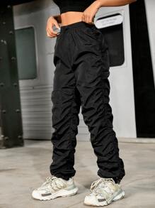 Pantalones fruncido lateral de cintura con cordón - Negro - Ver 1