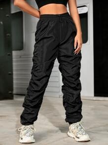 Pantalones fruncido lateral de cintura con cordón - Negro - Ver 4