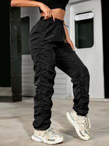 Pantalones fruncido lateral de cintura con cordón - Negro - Ver 5