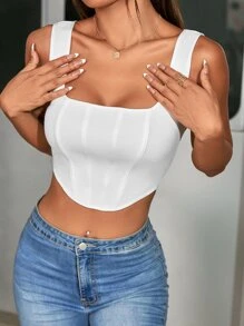 SHEIN EZwear Áo ba lỗ ngắn cổ vuông viền bất đối xứng màu trơn dành cho nữ - trắng - Xem 4
