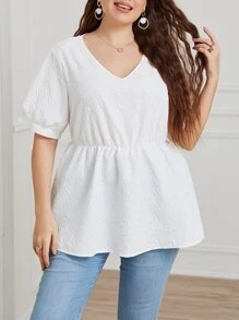 Mulvari Plus Puff Sleeve Peplum Blouse - White - View 3