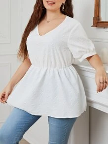 Mulvari Plus Puff Sleeve Peplum Blouse - White - View 1