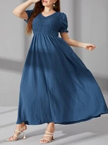 Mulvari Plus Shirred Puff Sleeve A-line Dress - Dusty Blue - View 3