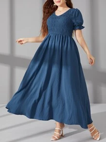 Mulvari Plus Shirred Puff Sleeve A-line Dress - Dusty Blue - View 4