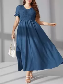 Mulvari Plus Shirred Puff Sleeve A-line Dress - Dusty Blue - View 5