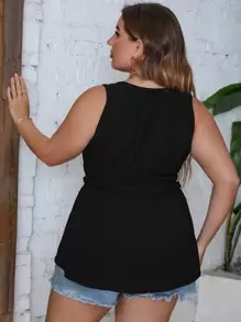 SHEIN Clasi Plus Tie Front Frill Trim Tank Top - Black - View 2