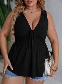 SHEIN Clasi Plus Tie Front Frill Trim Tank Top - Black - View 3