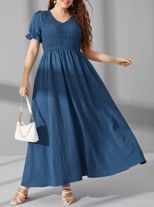 Mulvari Plus Shirred Puff Sleeve A-line Dress - Dusty Blue - View 6