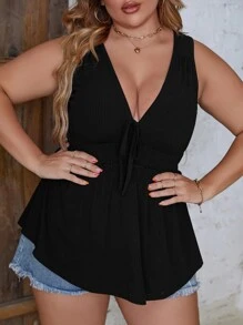 SHEIN Clasi Plus Tie Front Frill Trim Tank Top - Black - View 4