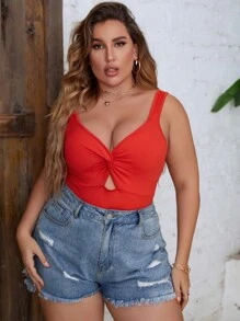 Allurite Plus Twist Front Cut Out Bodysuit For New Year Clothes - Red - View 1