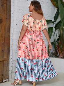 SHEIN Unity Vestido de manga de mariposa con volantes en el bajo, con estampado de cerezas y de guinga, talla grande - Multicolor - Ver 2