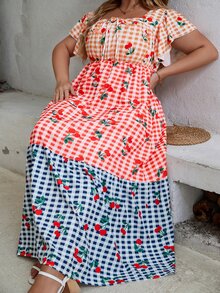 SHEIN Unity Vestido de manga de mariposa con volantes en el bajo, con estampado de cerezas y de guinga, talla grande - Multicolor - Ver 3