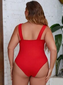 Allurite Plus Twist Front Cut Out Bodysuit For New Year Clothes - Red - View 2