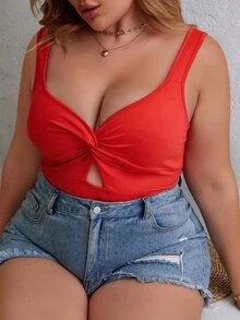 Allurite Plus Twist Front Cut Out Bodysuit For New Year Clothes - Red - View 3