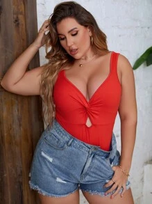 Allurite Plus Twist Front Cut Out Bodysuit For New Year Clothes - Red - View 5
