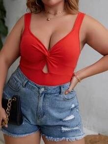 Allurite Plus Twist Front Cut Out Bodysuit For New Year Clothes - Red - View 7