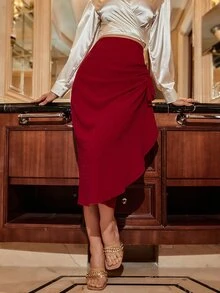 Modelyn Falda de lunares fruncido con abertura trasera