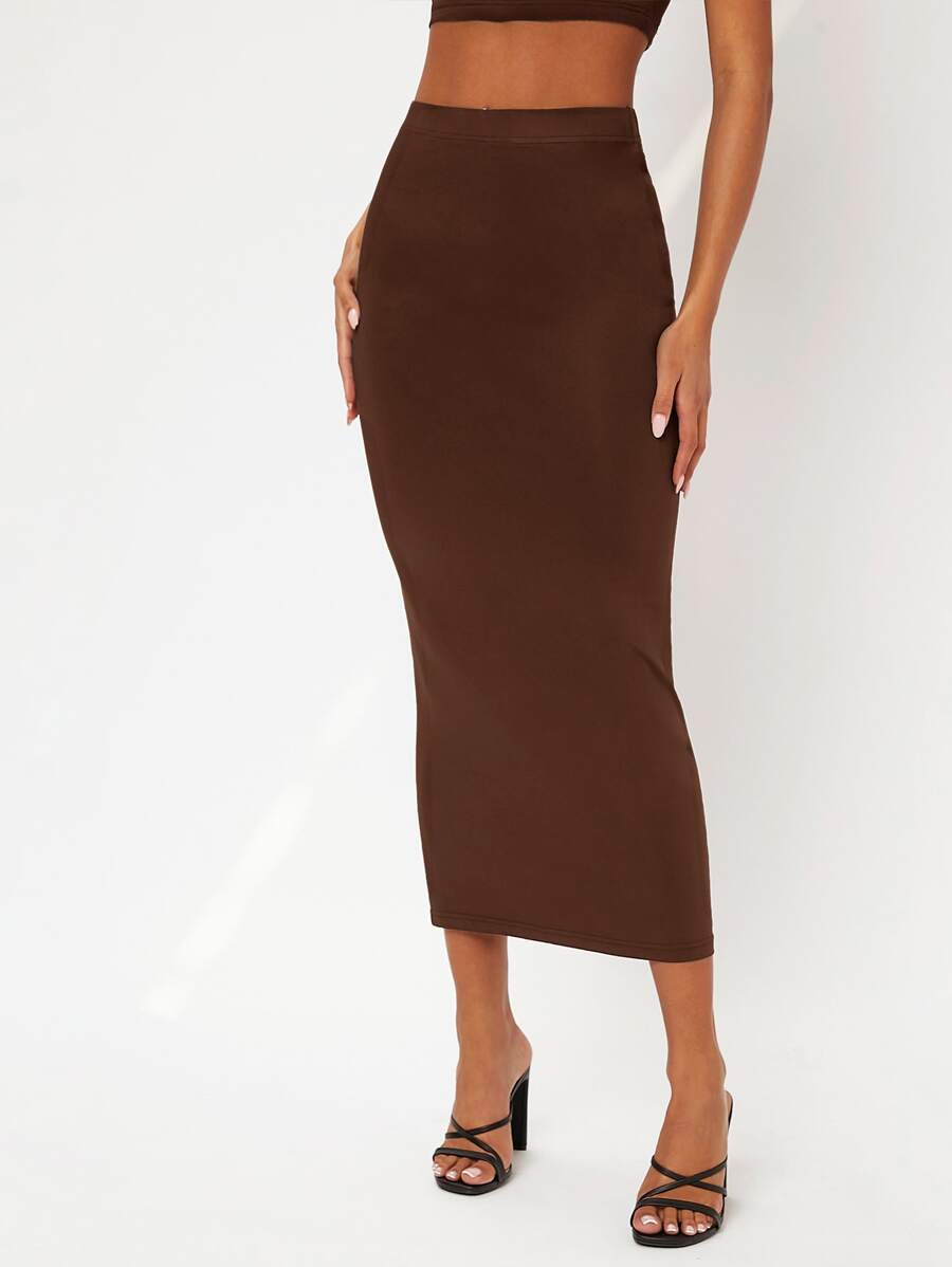 SHEIN BASICS Solid Pencil Skirt - Coffee Brown - View 1