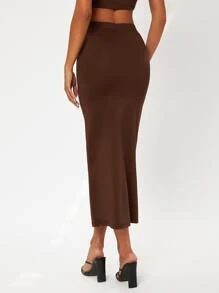 SHEIN BASICS Solid Pencil Skirt - Coffee Brown - View 2