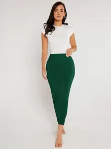 SHEIN BASICS Solid Pencil Skirt - Dark Green - View 4