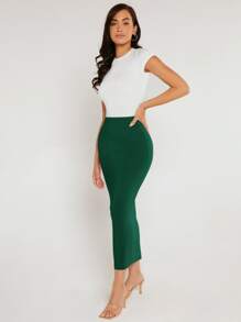 SHEIN BASICS Solid Pencil Skirt - Dark Green - View 5