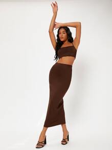 SHEIN BASICS Solid Pencil Skirt - Coffee Brown - View 3