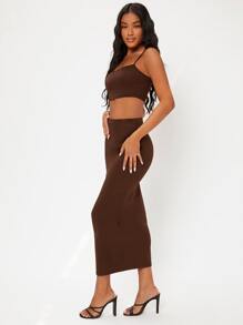 SHEIN BASICS Solid Pencil Skirt - Coffee Brown - View 4