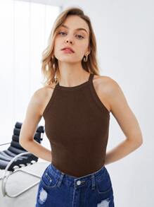 SHEIN EZwear 素色羅紋針織緊身繞頸上衣 - 咖啡棕 - 查看 4