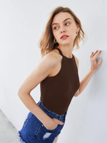 SHEIN EZwear 素色羅紋針織緊身繞頸上衣 - 咖啡棕 - 查看 7