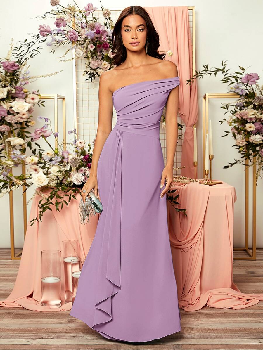 SHEIN Belle 褶邊單肩前垂褶伴娘連衣裙