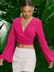 SHEIN Privé Wrap Knot Back Trumpet Sleeve Crop Blouse - Hot Pink - View 1