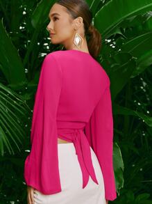 SHEIN Privé Wrap Knot Back Trumpet Sleeve Crop Blouse - Hot Pink - View 2